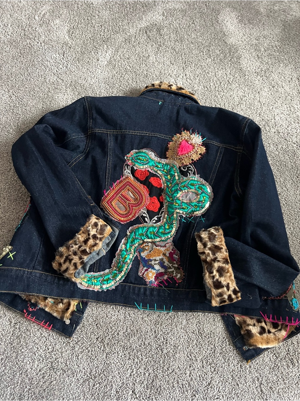 Antica Santoria Embroidered Denim Jacket with Fuschia and Leopard Trim - Picture 6 of 15